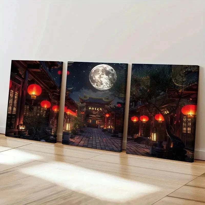 3pcs Traditional Architecture Lantern in Moonlit  Wall Art Set Canvas Framed 50x70cm - High Quality Print 100% Australian Made Wall Canvas Ready to Hang - Bella Home Decor