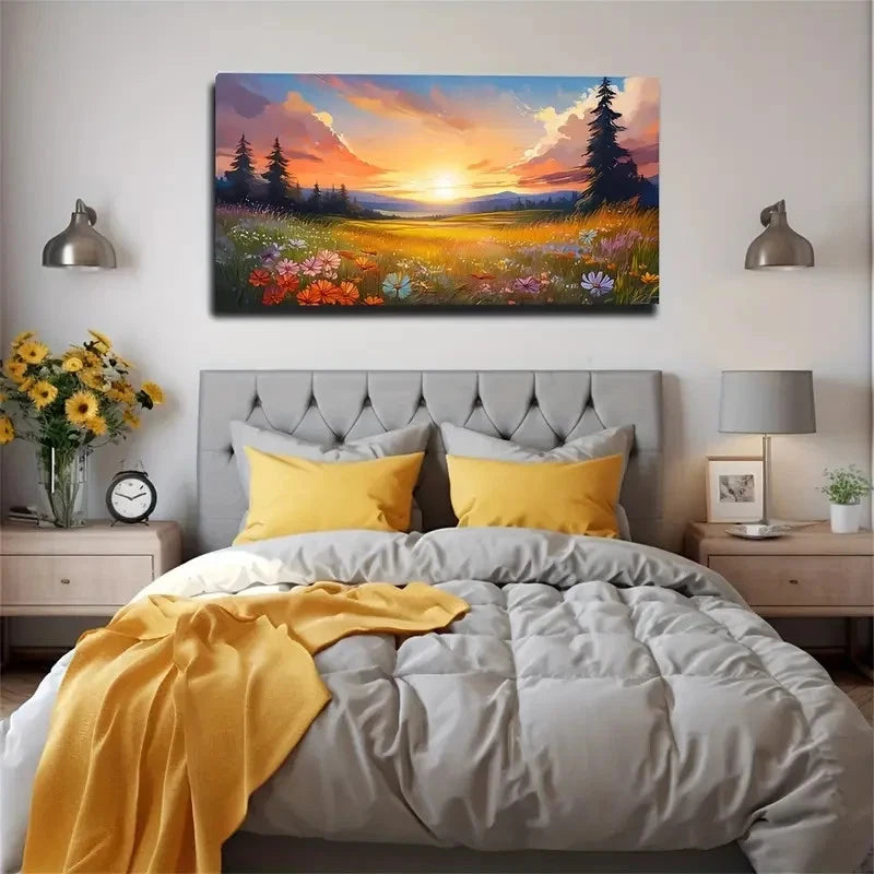 Wildflowers Sunse Warm Feel Wall Art Canvas Office Home Room Framed 120x60cm