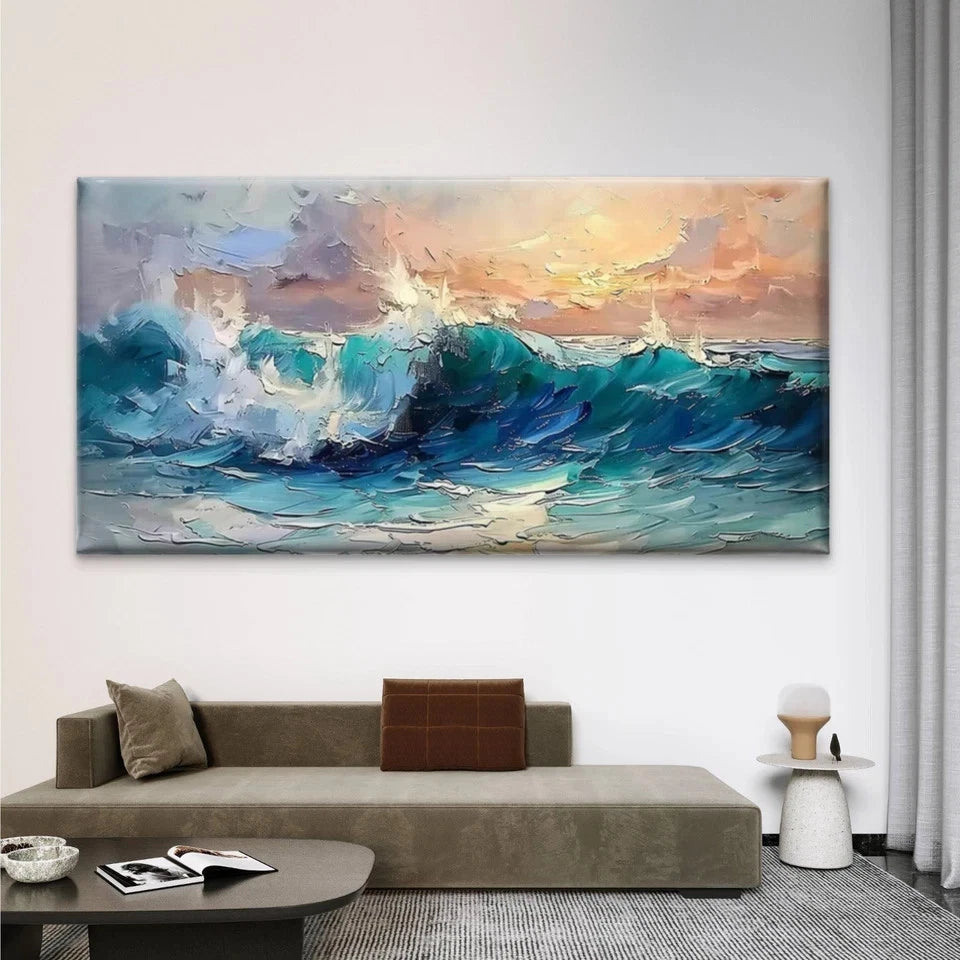 Ocean Wave Sunset Wall Art Canvas Office Home Room Framed 120x60cm