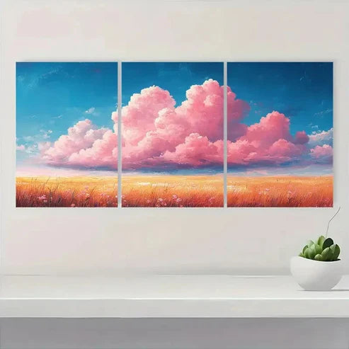 3pcs Vibrant Pink Clouds Landscape QA Wall Art Set Canvas Unframed - High Quality Print 100% Australian Made Wall Canvas - Bella Home Decor