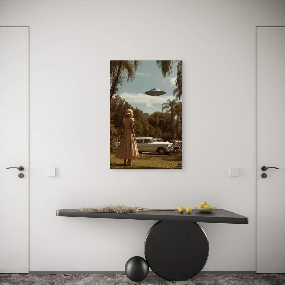 Vintage UFO Flying Saucer & 1950s Retro Metal Print Ready to Hang