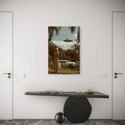 Vintage UFO Flying Saucer & 1950s Retro Metal Print Ready to Hang