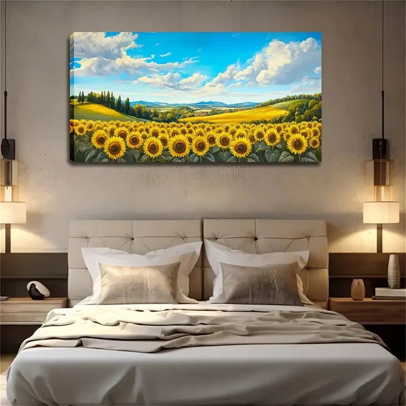 Sunflower Field Rolling Hcills Wall Art Canvas Office Home Room Framed 120x60cm - Bella Home Decor