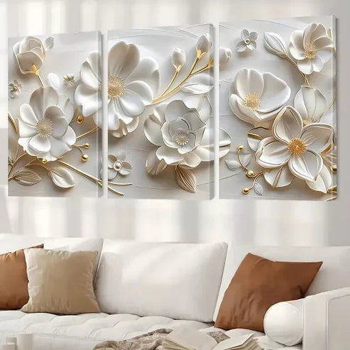 3pcs Floral Art Decorative White Flowers Art Set Canvas Unframed - High Quality Print 100% Australian Made Wall Canvas