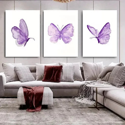 3pcs Butterfly Wall Art Set- Vibrant Purple Canvas Framed 60X90cm - High Quality Print 100% Australian Made Wall Canvas Ready to Hang - Bella Home Decor