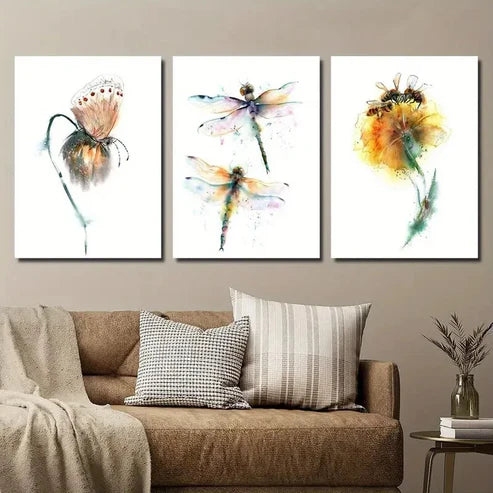 3pcs Dragonfly Butterfly Flower Lovers Wall Art Canvas Unframed - High Quality Print 100% Australian Made Wall Canvas - Bella Home Decor
