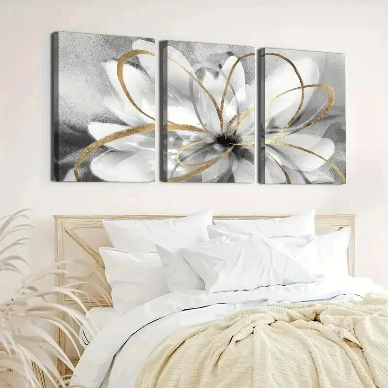 3pcs Golden Lines And White Flowers Wall Art Set Canvas Framed 50x70cm - High Quality Print 100% Australian Made Wall Canvas Ready to Hang - Bella Home Decor
