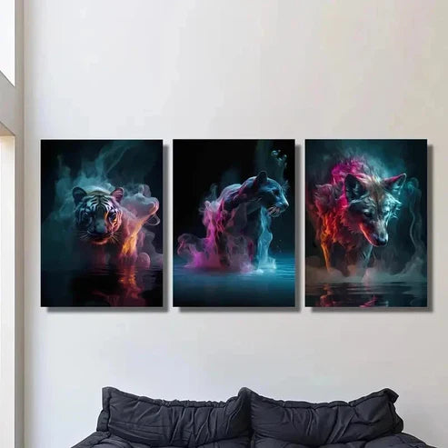 3pcs Fantasy Neon Animal Tiger Bear Wolf Wall Art Canvas Unframed - High Quality Print 100% Australian Made Wall Canvas