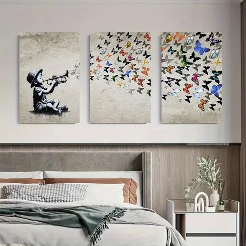 3pcs Musical Notes and Colorful Butterflies Wall Art Set Canvas Unframed - High Quality Print 100% Australian Made Wall Canvas