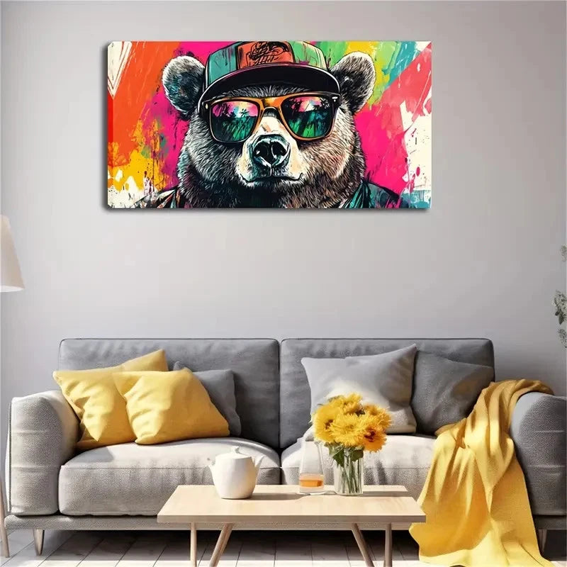 Stylish Bear In Hat & Glasses Wall Art Canvas Office Home Room Framed 120x60cm