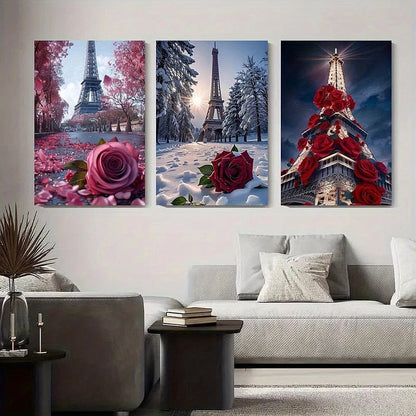 3pcs Eiffel Tower And Rose Romantic Paris Metal Print Ready to Hang Art - Bella Home Decor