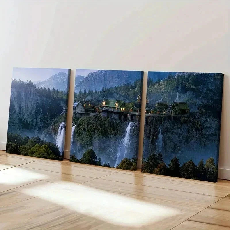 3pcs Middle-Earth Ring Castle Valley Retro Wall Art Set Canvas Framed 50x70cm - High Quality Print 100% Australian Made Wall Canvas Ready to Hang - Bella Home Decor