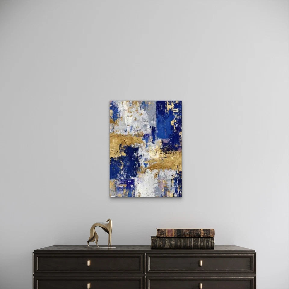 White and Golden Tones, Blue, Abstract Metal Print Ready to Hang
