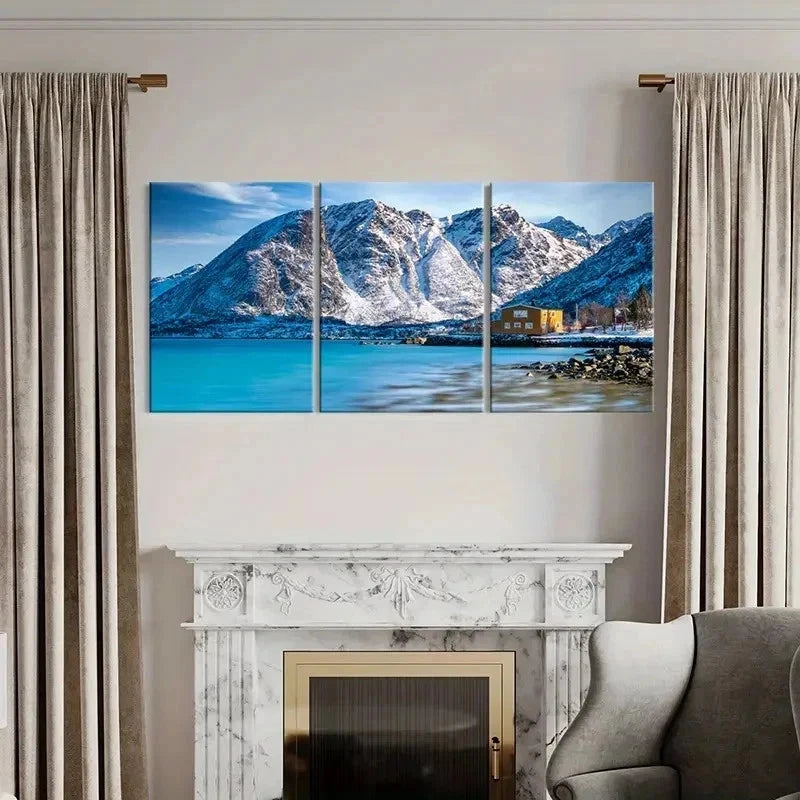 3pcs Snow Mountain Coast Hut Modern Wall Art Set Canvas Framed 50x70cm - High Quality Print 100% Australian Made Wall Canvas Ready to Hang