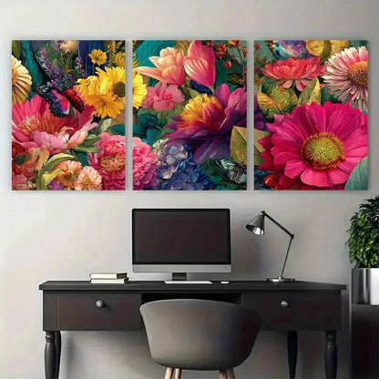 3pcs Vibrant Floral Colorful Bouquet Perfect Wall Art Set Canvas Framed 50x70cm - High Quality Print 100% Australian Made Wall Canvas Ready to Hang