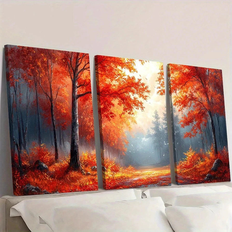 3pcs Autumn Forest Red & Orange Leaves Wall Art Set Canvas Framed 60x90cm - High Quality Print 100% Australian Made Wall Canvas Ready to Hang - Bella Home Decor