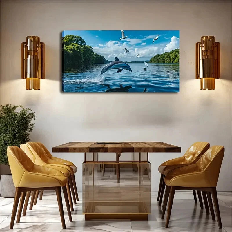 A Dolphin Leaps Out The Water Wall Art Canvas Office Home Room Framed 120x60cm - Bella Home Decor