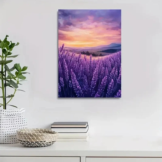 Vibrant Sunset Landscape with Purple Flowers Painting 40x60cm Metal Print Ready to Hang - Bella Home Decor