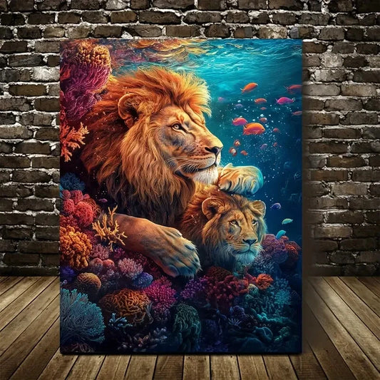 Underwater Coral Reef Scene Vibrant Lion Painting 40x60cm Metal Print Ready to Hang - Bella Home Decor