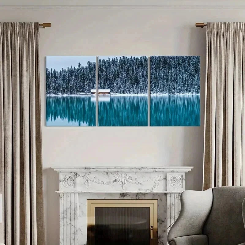 3pcs Snow Cabin Lake Forest Modern Wall Art Set Canvas Framed 40x60cm - High Quality Print 100% Australian Made Wall Canvas Ready to Hang - Bella Home Decor