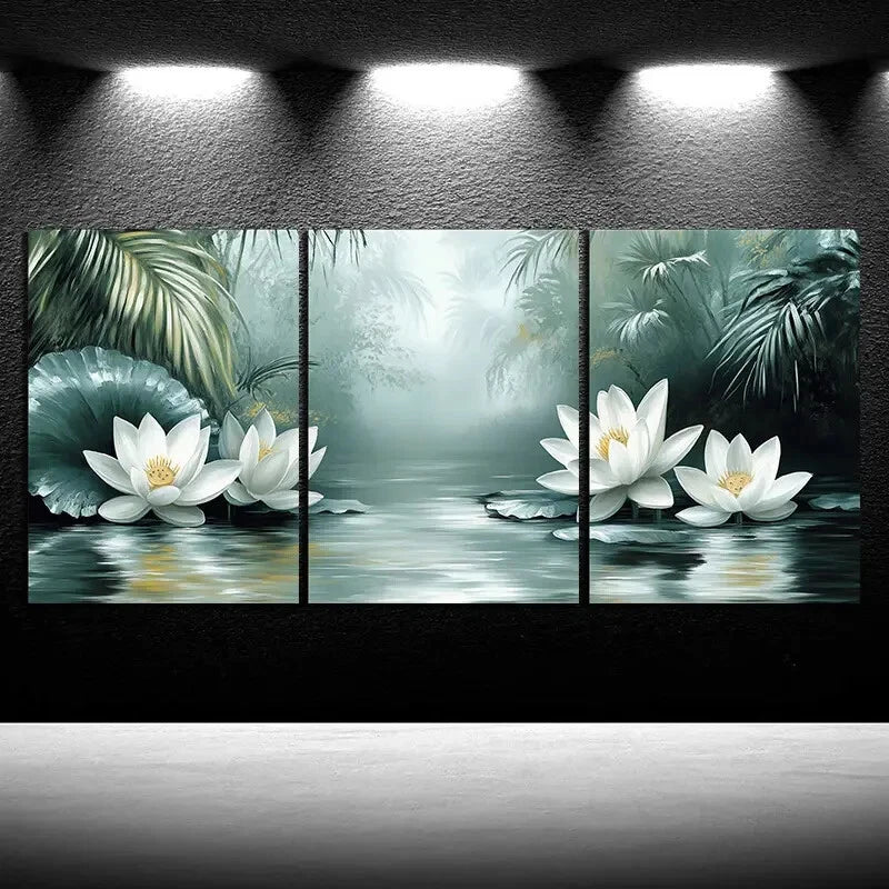 3pcs Lotus & Lotus Leaves In The Water Metal Print Ready to Hang Art - Bella Home Decor