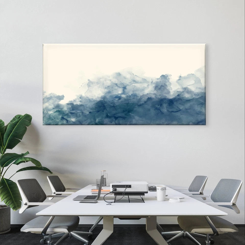 Indigo Blue Watercolour Ink Wash Wall Art Canvas Office Home Framed 120x60cm