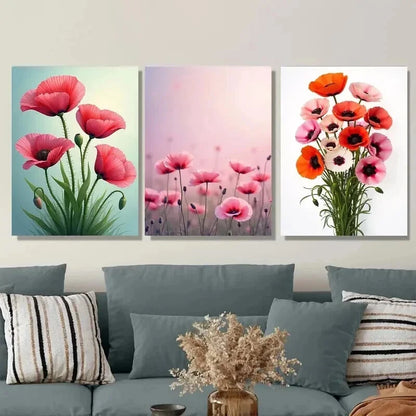 3pcs Poppy Flower Vibrant Pink & Orange Poppy Wall Art Set Canvas Framed 50x70cm - High Quality Print 100% Australian Made Wall Canvas Ready to Hang