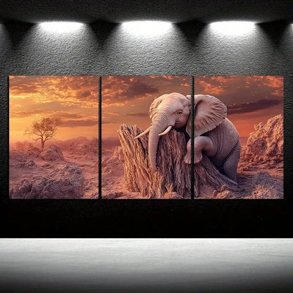 3pcs The Elephant on The Tree Stump Metal Print Ready to Hang Art - Bella Home Decor