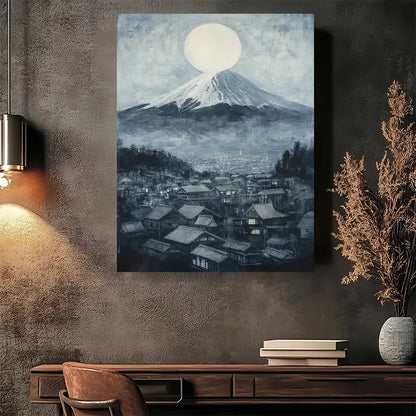 Beautiful Moon Over Traditional Village Painting 40x60cm Metal Print Ready to Hang - Bella Home Decor