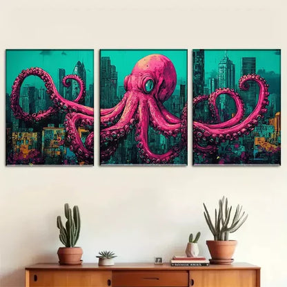 3 PCS Vividly Colored Pink Urban Octopus Fantasy Wall Art Set Canvas Unframed - High Quality Print 100% Australian Made Wall Canvas - Bella Home Decor