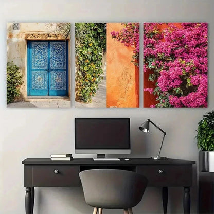 3pcs Vintage Moroccan Aesthetic Blue Perfect Wall Art Set Canvas Framed 50x70cm - High Quality Print 100% Australian Made Wall Canvas Ready to Hang