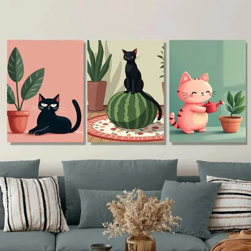 3pcs Charming Cat Cute Black And Pink Kitties Wall Art Set Canvas Unframed - High Quality Print 100% Australian Made Wall Canvas - Bella Home Decor