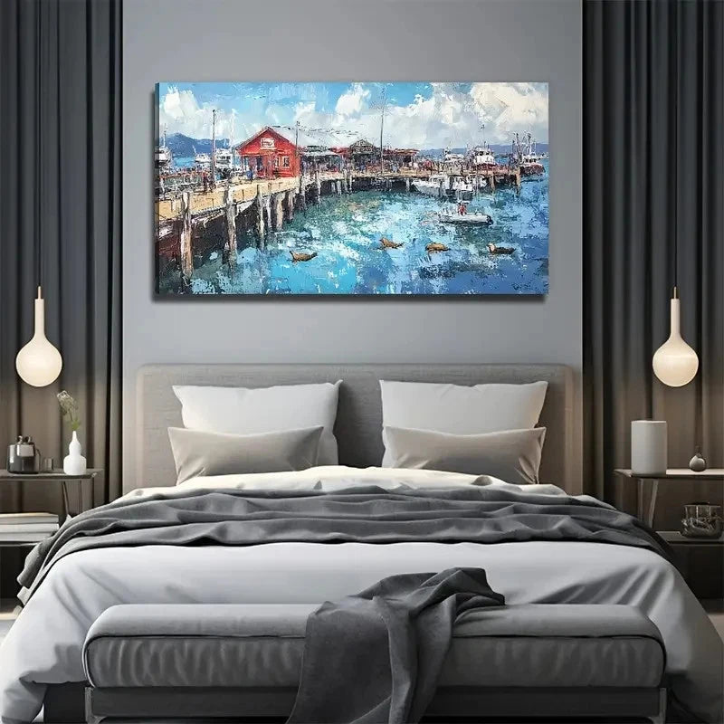 Fisherman'S Harbor Perfect Wall Art Canvas Office Home Room Framed 120x60cm