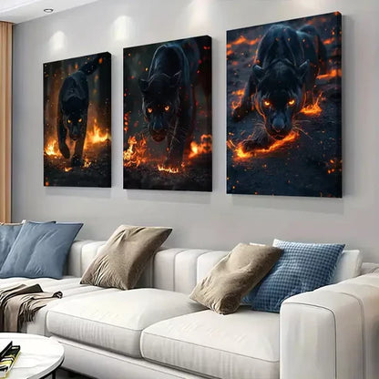 3 PCS Flame Surrounded Black Panther Triptych Wall Art Set Canvas Unframed - High Quality Print 100% Australian Made Wall Canvas - Bella Home Decor