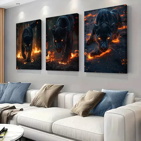 3 PCS Flame Surrounded Black Panther Triptych Wall Art Set Canvas Unframed - High Quality Print 100% Australian Made Wall Canvas