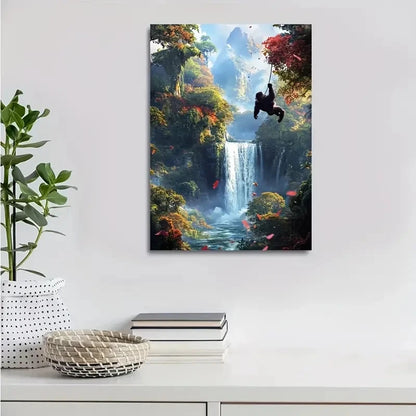 Colorful Jungle Scene with Waterfall Gorilla Painting 40x60cm Metal Print Ready to Hang - Bella Home Decor