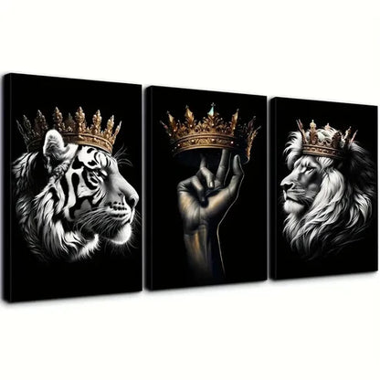 3pcs Crowned Lion and Tiger Decorative Pattern Wall Art Set Canvas Unframed - High Quality Print 100% Australian Made Wall Canvas - Bella Home Decor