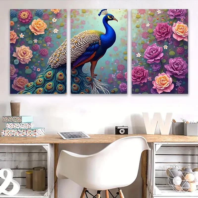 3pcs Vibrant Peacock & Floral Wall Art Set Canvas Framed 40x60cm - High Quality Print 100% Australian Made Wall Canvas Ready to Hang