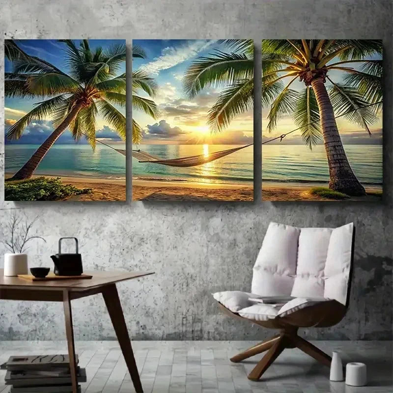 3pcs Beach Sunset Palm Tree Hammock & Ocean Metal Print Ready to Hang Art - Bella Home Decor