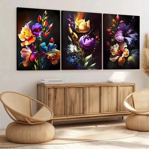 3pcs Colorful Floral Art Elegant Artistic Wall Art Set Canvas Unframed - High Quality Print 100% Australian Made Wall Canvas - Bella Home Decor