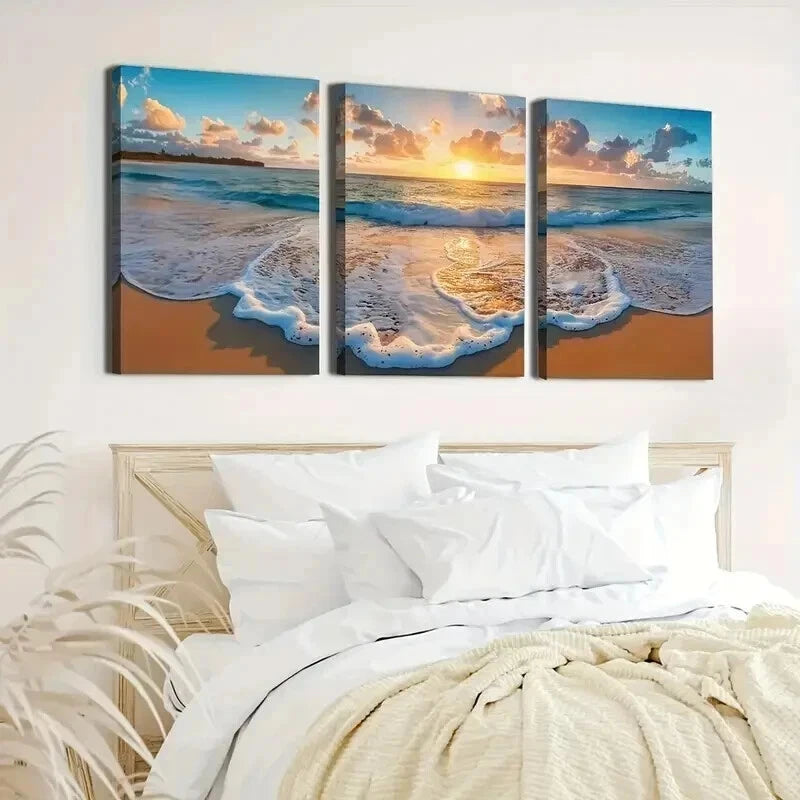 3pcs Featuring Beach Waves And Sunrise Perfect Wall Art Set Canvas Framed 50x70cm - High Quality Print 100% Australian Made Wall Canvas Ready to Hang - Bella Home Decor