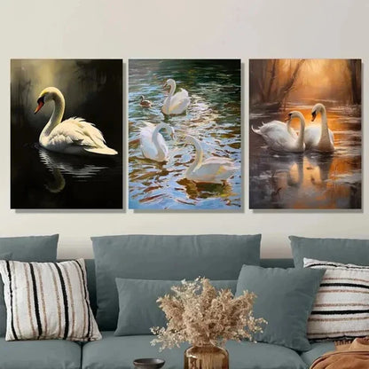 3pcs Swan Lake Painting Classic Style Wall Art Set Canvas Unframed - High Quality Print 100% Australian Made Wall Canvas