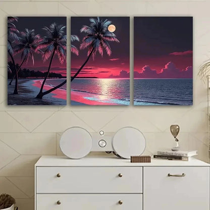 3pcs Full Moon Over The Beach Scene Wall Art Set Canvas Framed 40x60cm - High Quality Print 100% Australian Made Wall Canvas Ready to Hang - Bella Home Decor
