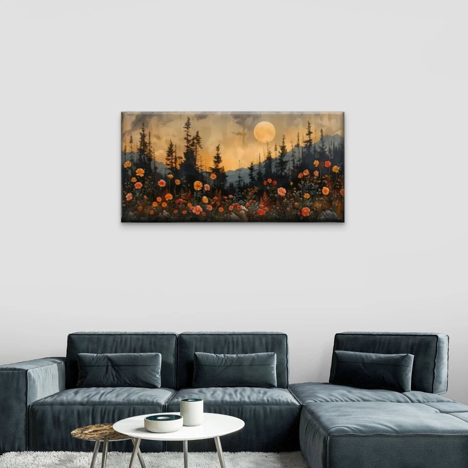 Moon Over Forest Flowers Wall Art Canvas Office Home Room Framed 120x60cm