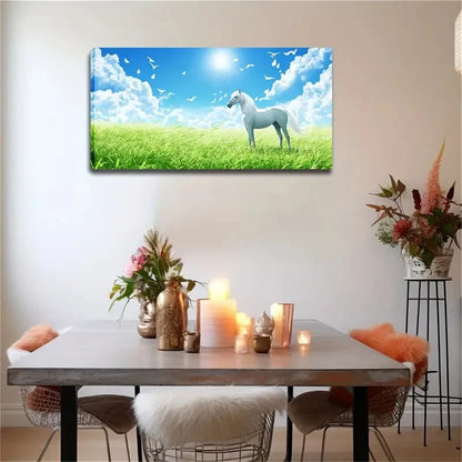 White Horse Emerald Green Wall Art Canvas Office Home Room Framed 120x60cm