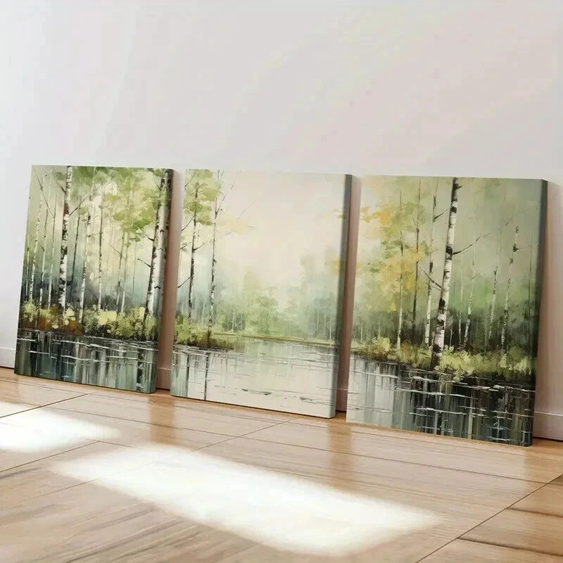 3pcs Forest Reflection Serene Lake Birch Trees Wall Art Set Canvas Framed 50x70cm - High Quality Print 100% Australian Made Wall Canvas Ready to Hang - Bella Home Decor