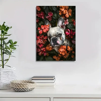 Flowers And Plants Cute Bulldog Dog Painting 40x60cm Metal Print Ready to Hang