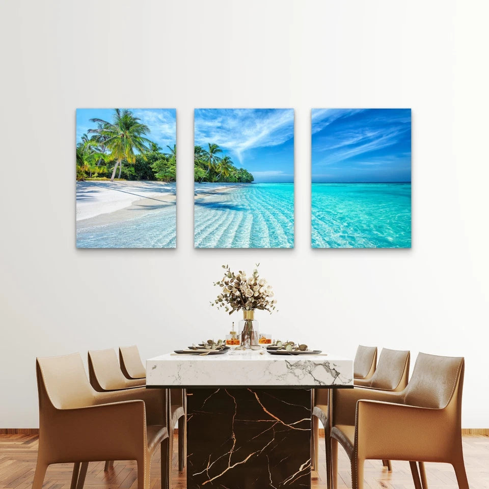 3pcs Tropical Beach with Palm Trees Wall Art Set Canvas Framed 50x70cm - High Quality Print 100% Australian Made Wall Canvas Ready to Hang - Bella Home Decor