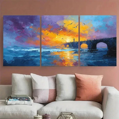 3pcs Bridge And Seagulls Sunrise Perfect Wall Art Canvas Framed 60x90cm - Bella Home Decor