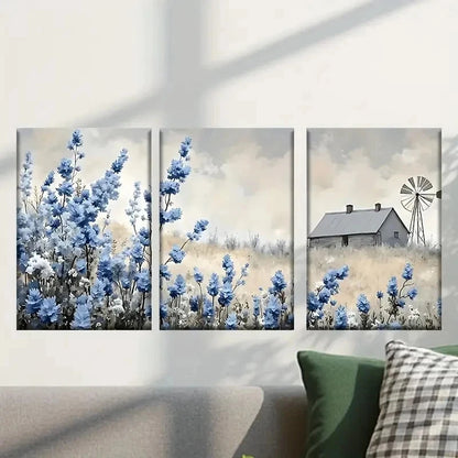 3pcs Farmhouse with Vibrant Blue Flowers Wall Art Set Canvas Framed 50x70cm - High Quality Print 100% Australian Made Wall Canvas Ready to Hang